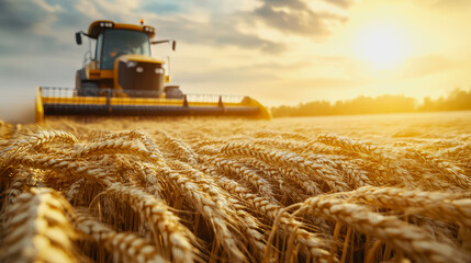 Fototapeta premium Wheat field at harvest with sunlight, golden stalks, and a distant harvester in the background