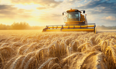 Obraz premium Wheat field at harvest with sunlight, golden stalks, and a distant harvester in the background