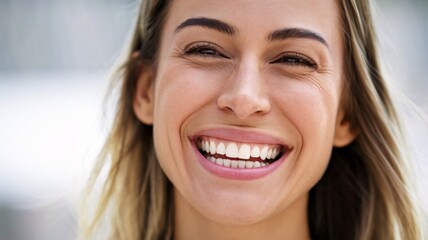 A photo of a young and beautiful women with wide and confident smile, a best picture of a lady showing her white teeth for dental banner purpose.