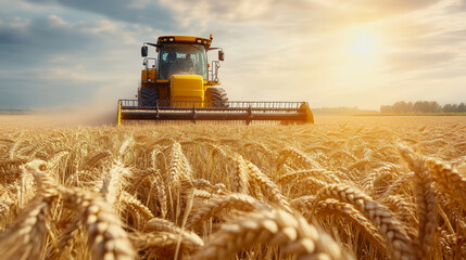 Fototapeta premium Wheat field at harvest with sunlight, golden stalks, and a distant harvester in the background