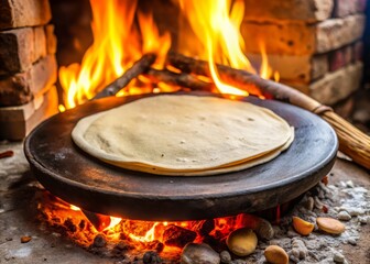 Handmade clay comal cooks tortillas and flatbreads over open flames, a traditional cooking tool passed down through generations, its unglazed surface absorbing flavors and aromas.
