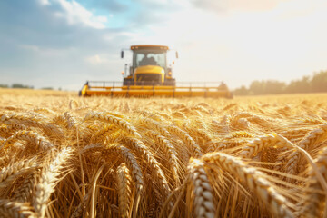 Obraz premium Wheat field at harvest with sunlight, golden stalks, and a distant harvester in the background