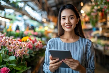 Happy young Asian woman working at a flower shop, holding a tablet computer and smiling at the camera.