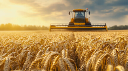 Fototapeta premium Wheat field at harvest with sunlight, golden stalks, and a distant harvester in the background