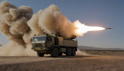 Fototapeta premium Rocket Launcher Firing Missile from Wheeled Chassis