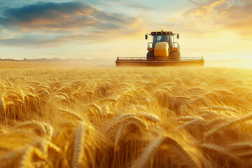 Fototapeta premium Wheat field at harvest with sunlight, golden stalks, and a distant harvester in the background