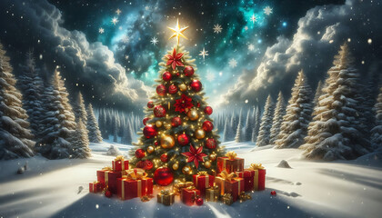 Obraz premium A beautifully decorated christmas tree adorned with red and gold ornaments and topped with a bright star stands in a snowy landscape