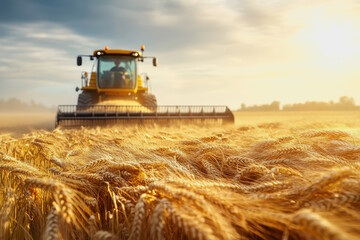 Fototapeta premium Wheat field at harvest with sunlight, golden stalks, and a distant harvester in the background