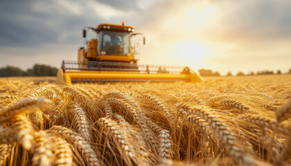 Wheat field at harvest with sunlight, golden stalks, and a distant harvester in the background