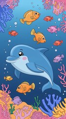 Obraz premium A dolphin and colorful fishes swimming in a vibrant coral reef.