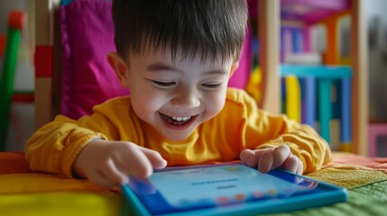 Child with learning disabilities using an e-learning app at home, supportive digital enhancing the learning process.