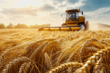 Wheat field at harvest with sunlight, golden stalks, and a distant harvester in the background