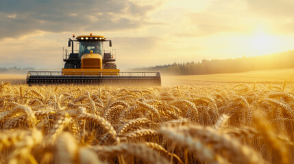 Fototapeta premium Wheat field at harvest with sunlight, golden stalks, and a distant harvester in the background