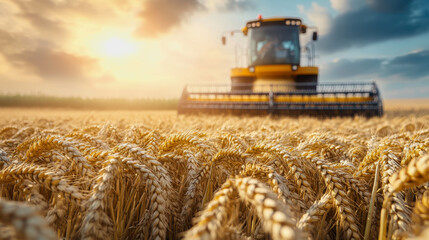 Fototapeta premium Wheat field at harvest with sunlight, golden stalks, and a distant harvester in the background
