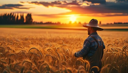 Confident farmer standing proud in golden wheat field at sunset, embodying the spirit of agriculture and farming lifestyle, perfect for banner or poster design