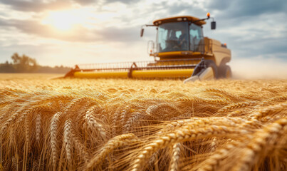 Obraz premium Wheat field at harvest with sunlight, golden stalks, and a distant harvester in the background