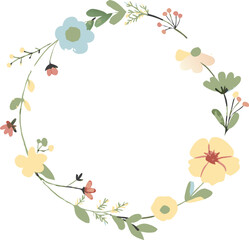 Watercolor floral wreath with tiny cute flower. Abstract round frame with flowers and leaves