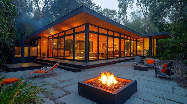 A sleek, cool-toned modern bungalow featuring sharp angles, glass walls, and a stylish outdoor fire pit on the patio
