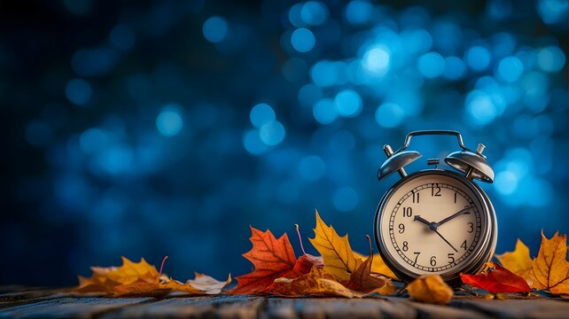 Autumn Leaves and Clock with Blue Bokeh Background