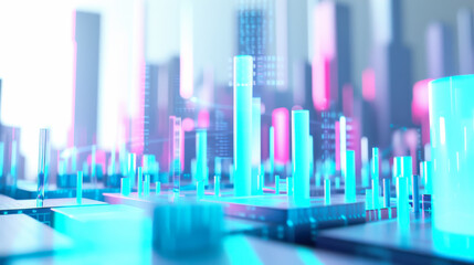 Digital waveforms illuminate a futuristic city at night with vibrant blue and pink lights