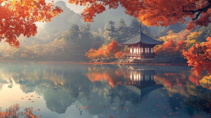 Tranquil Autumn Scene with a Japanese Pagoda Reflected in a Still Lake