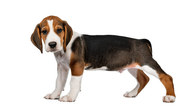 American foxhound puppy standing on four legs isolated on white background, cut out, transparent