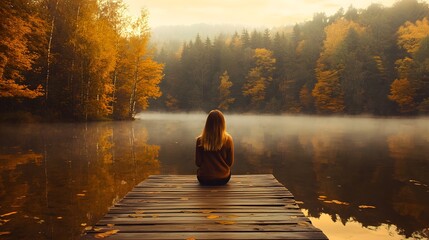 Woman Sitting on Wooden Dock by Misty Lake in Autumn Forest