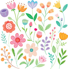 Wild flowers set, watercolor digital illustration. Perfectly for poster, card design. Mother's Day, Birthday, Valentine's day decoration.
