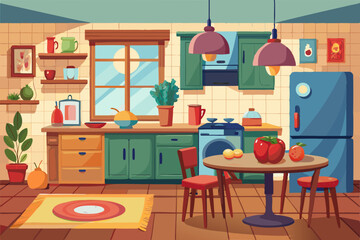 illustration of a kitchen. interior of a cozy kitchen with furniture and apple vector illustration 