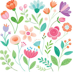 Wild flowers set, watercolor digital illustration. Perfectly for poster, card design. Mother's Day, Birthday, Valentine's day decoration.