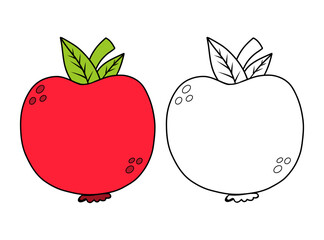 Red Apple fruit set. Isolated outline stroke, line and color drawings. Vector illustration. Coloring book. Kids collection.