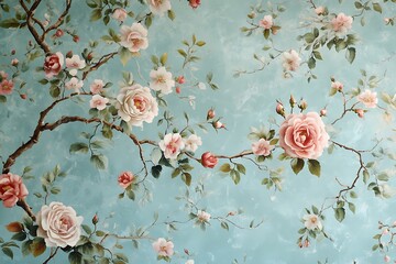 Vintage Chinoiserie Wallpaper with Roses and Blossoms on Branches – Floral Pattern Design in Pastel Colors with Detailed Petals and Leaves