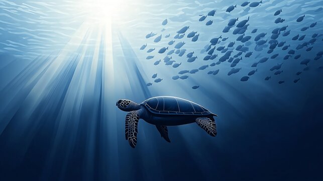 A sea turtle swims through the deep blue ocean, sunbeams piercing the water above as a school of fish swim in the distance.