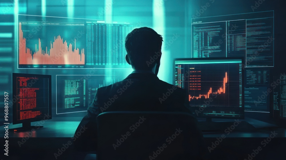 Poster Man Working in a Dark Room with Multiple Computer Screens Showing Data and Charts
