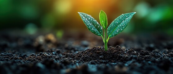 A Single Green Sprout Emerging from Rich Soil with Dew Drops