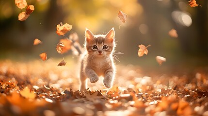 Cute Kitten Playing in Autumn Leaves