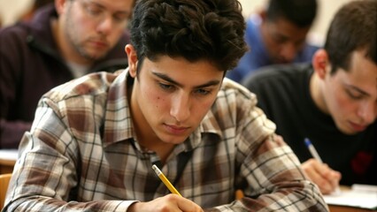 Group of high school students doing exam at classroom