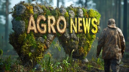 Farmer Observing Moss-Covered Agro News Stone Sign in Forest
