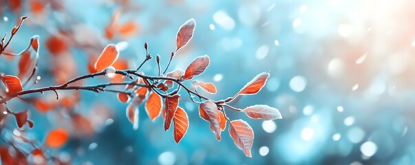 Frosted Red Leaves on Branch Against Blue Sky