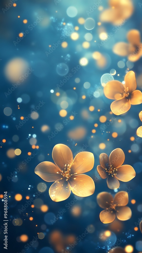 Sticker abstract blue and gold floral background with bokeh lights