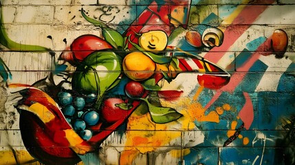 A graffiti-covered wall with a mural depicting a fusion food scene