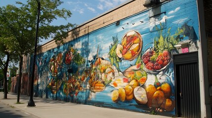 A graffiti-covered wall with a mural depicting a fusion food scene