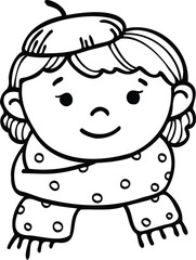 Linear vector illustration of a girl in a beret and scarf, icon, symbol. Autumn illustration