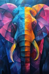 A vibrant, abstract depiction of an elephant, showcasing bright colors and geometric shapes.
