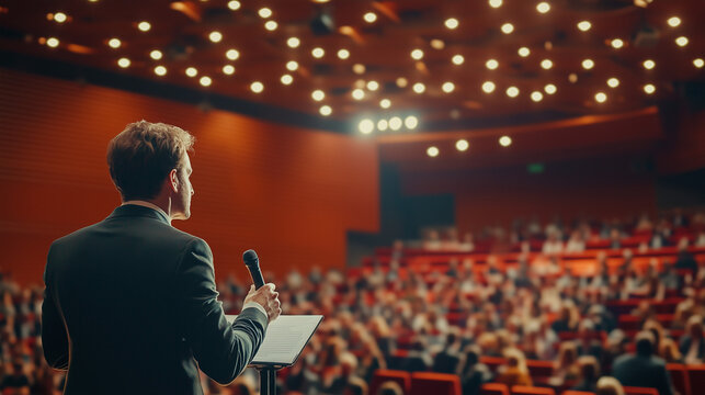 investment strategies seminar with a speaker presenting to a large audience in conference hall