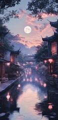 Obraz premium Serene moonlit river reflecting traditional Asian architecture in tranquil village with mountains