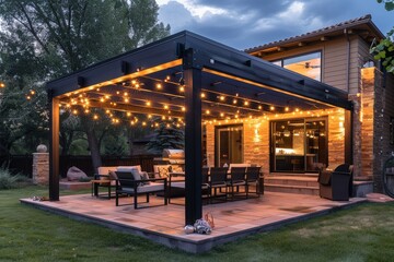 Fototapeta premium Modern black aluminum patio cover at a suburban home in Colorado. Featuring chairs, string lights, and sunset lighting in a wide-angle shot.