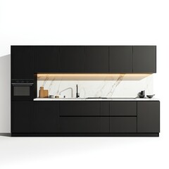 Modern black kitchen design featuring sleek cabinetry and marble countertop.