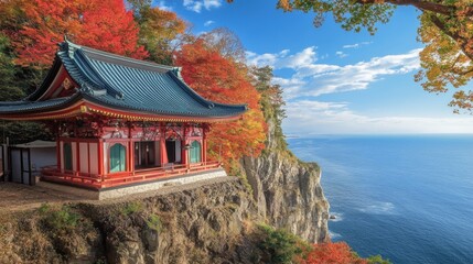 Naklejka premium Japanese Shrine Perched on a Cliff Overlooking the Ocean