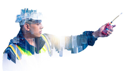 The double exposure image of the engineer thinking overlays with cityscape image with copy space....